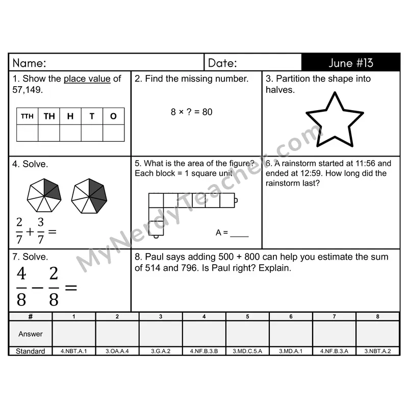 3rd Grade Spiral Math Review Morning Work — June Day 13: Fractions, Missing Numbers