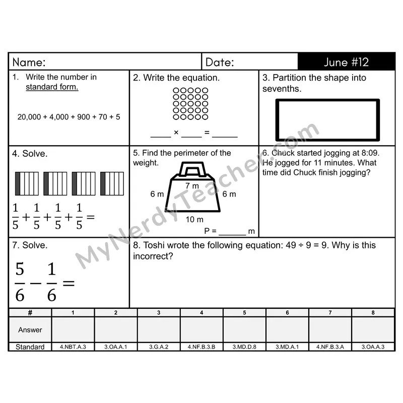 3rd Grade Spiral Math Review Morning Work — June Day 12: Fractions, Rounding