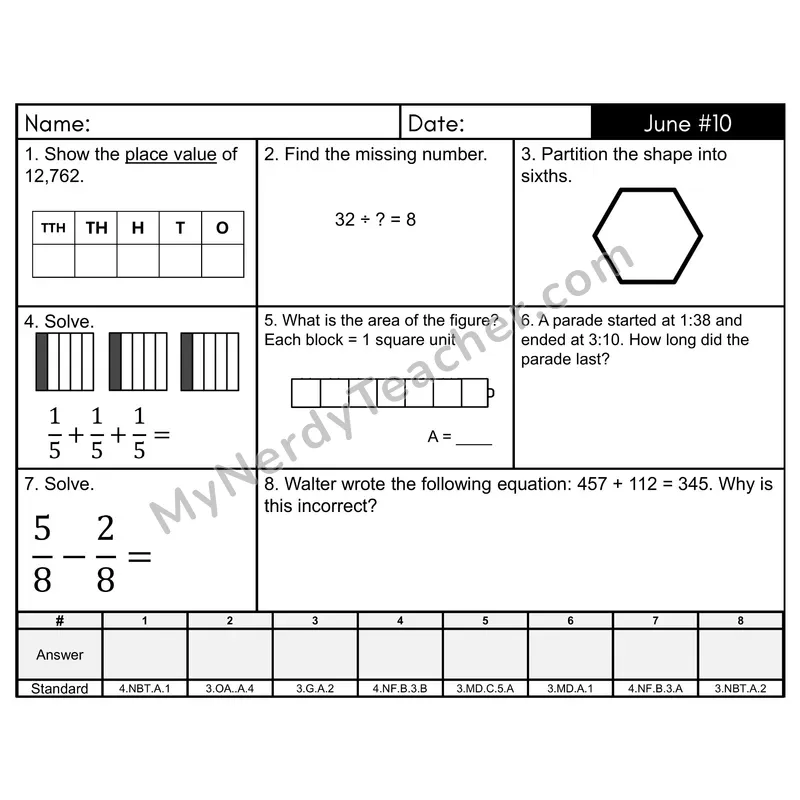 3rd Grade Spiral Math Review Morning Work — June Day 10: Fractions, Geometry
