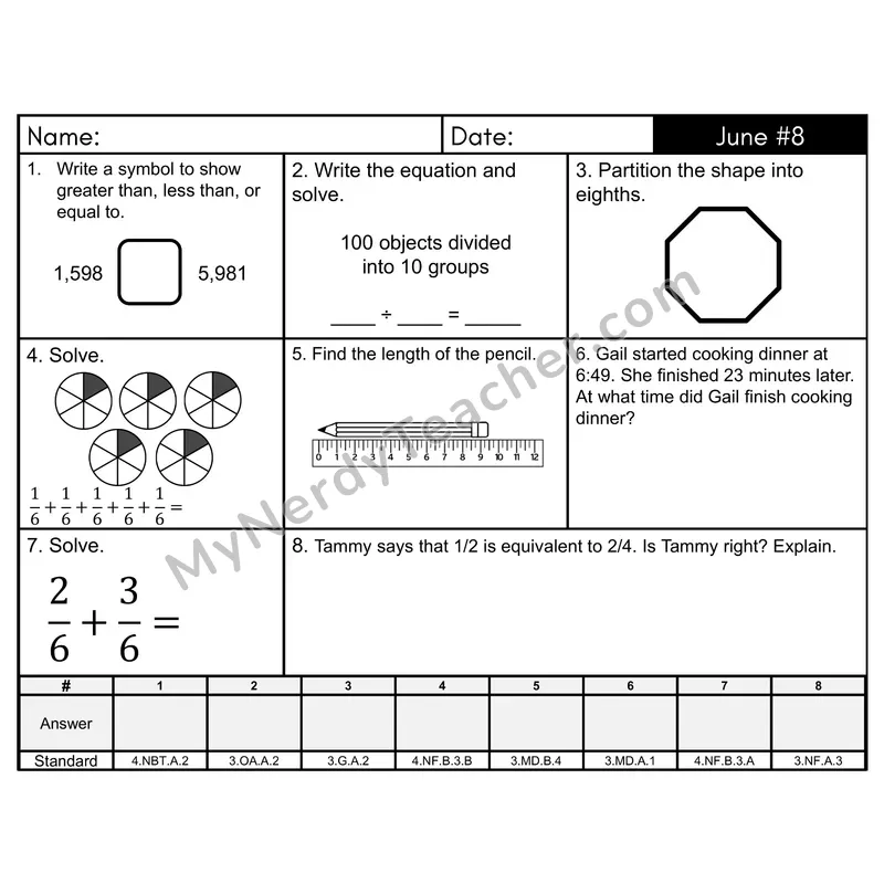 3rd Grade Spiral Math Review Morning Work — June Day 8: Fractions, Place Value