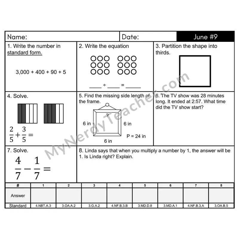 3rd Grade Spiral Math Review Morning Work — June Day 9: Fractions, Rounding