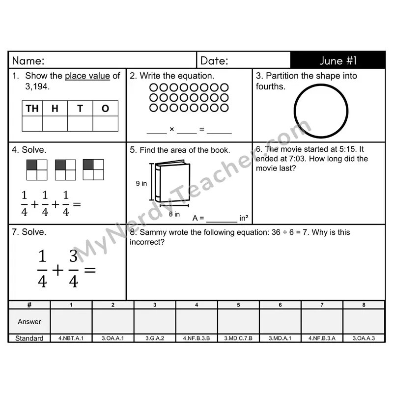 3rd Grade Spiral Math Review Morning Work — June Day 1: Fractions, Multiplication