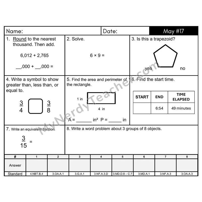 3rd Grade Spiral Math Review Morning Work — May Day 17: Fractions, Addition & Subtraction