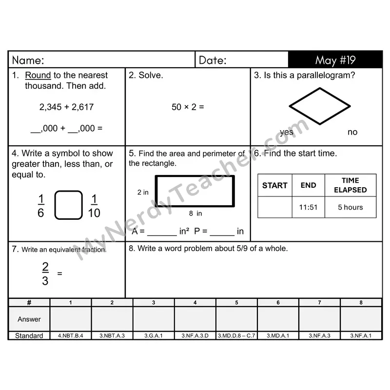 3rd Grade Spiral Math Review Morning Work — May Day 19: Fractions, Addition & Subtraction