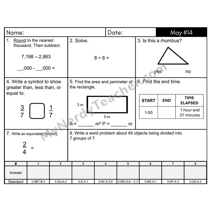 3rd Grade Spiral Math Review Morning Work — May Day 14: Fractions, Addition & Subtraction