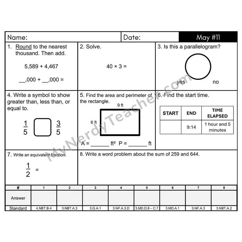 3rd Grade Spiral Math Review Morning Work — May Day 11: Addition & Subtraction, Fractions