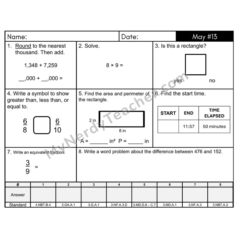 3rd Grade Spiral Math Review Morning Work — May Day 13: Addition & Subtraction, Fractions