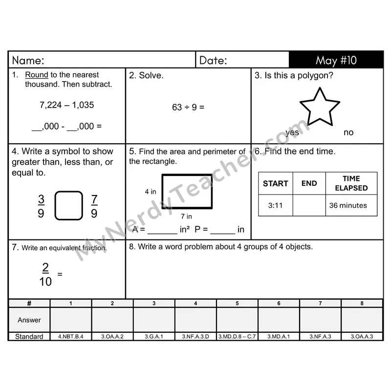 3rd Grade Spiral Math Review Morning Work — May Day 10: Fractions, Addition & Subtraction