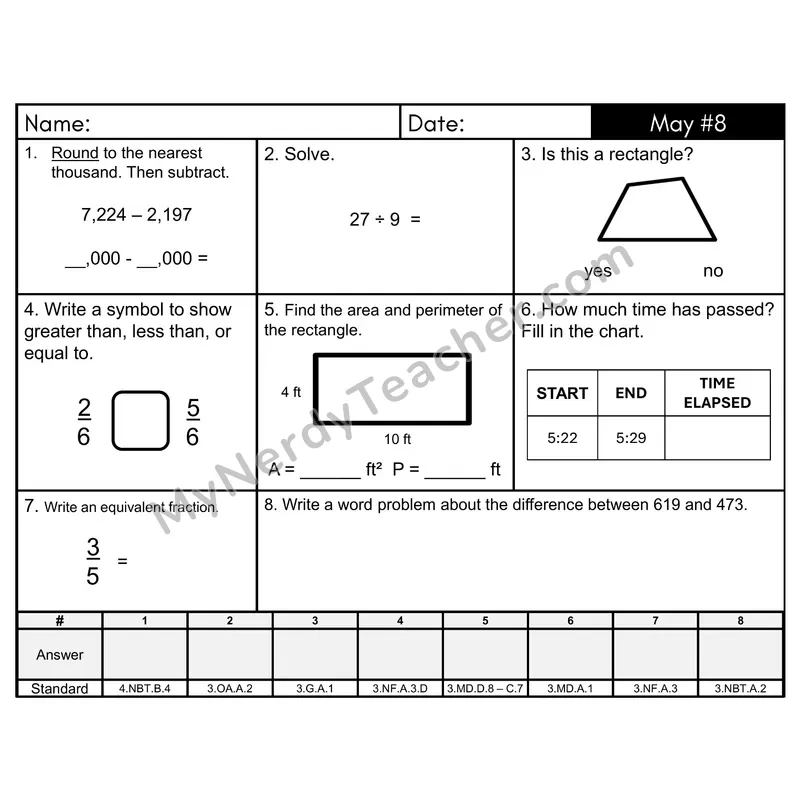 3rd Grade Spiral Math Review Morning Work — May Day 8: Addition & Subtraction, Fractions