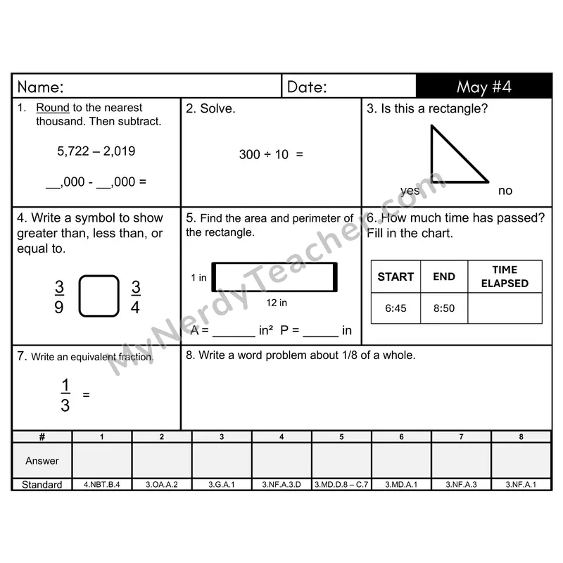 3rd Grade Spiral Math Review Morning Work — May Day 4: Fractions, Addition & Subtraction