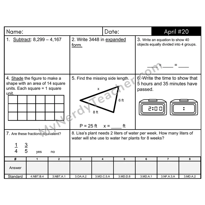 3rd Grade Spiral Math Review Morning Work — April Day 20: Addition & Subtraction, Rounding