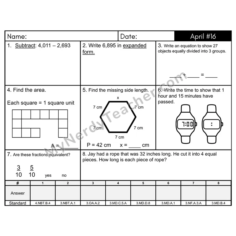 3rd Grade Spiral Math Review Morning Work — April Day 16: Addition & Subtraction, Rounding