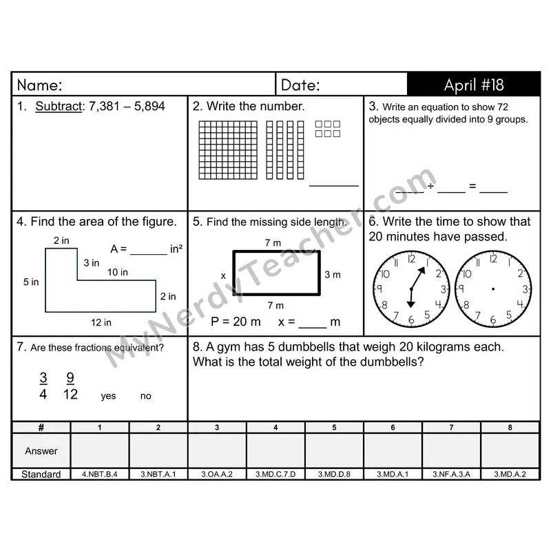 3rd Grade Spiral Math Review Morning Work — April Day 18: Addition & Subtraction, Rounding