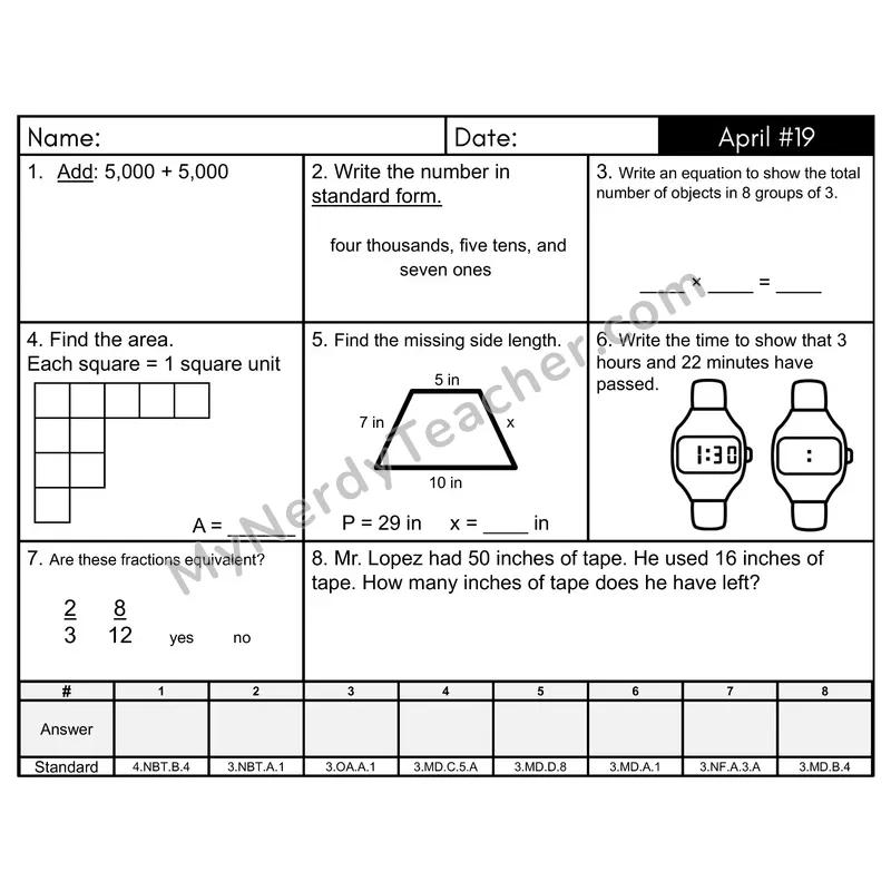 3rd Grade Spiral Math Review Morning Work — April Day 19: Addition & Subtraction, Rounding