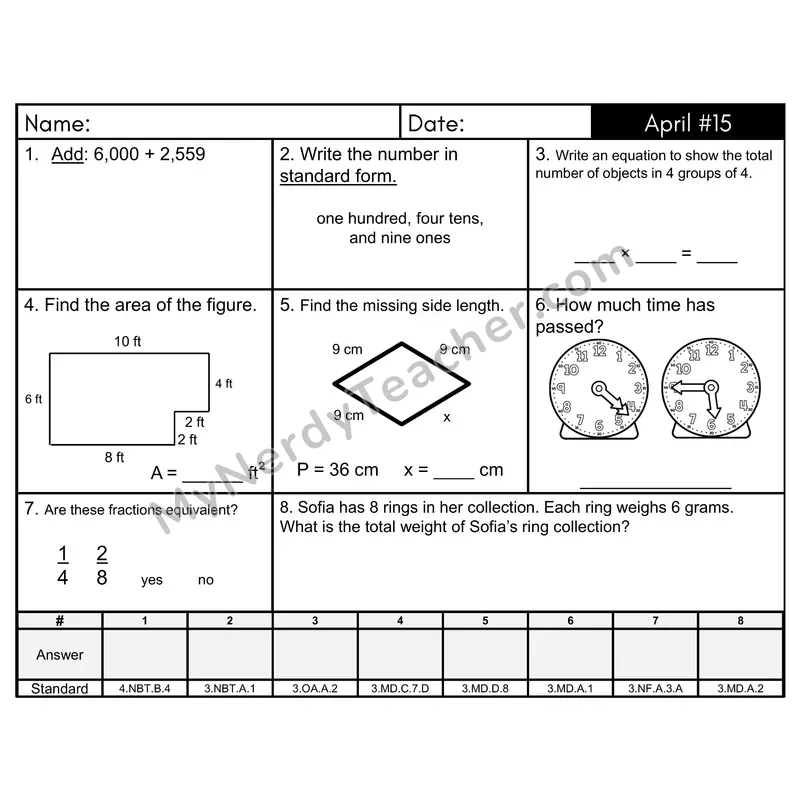 3rd Grade Spiral Math Review Morning Work — April Day 15: Addition & Subtraction, Rounding