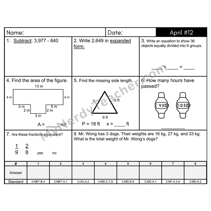 3rd Grade Spiral Math Review Morning Work — April Day 12: Addition & Subtraction, Rounding