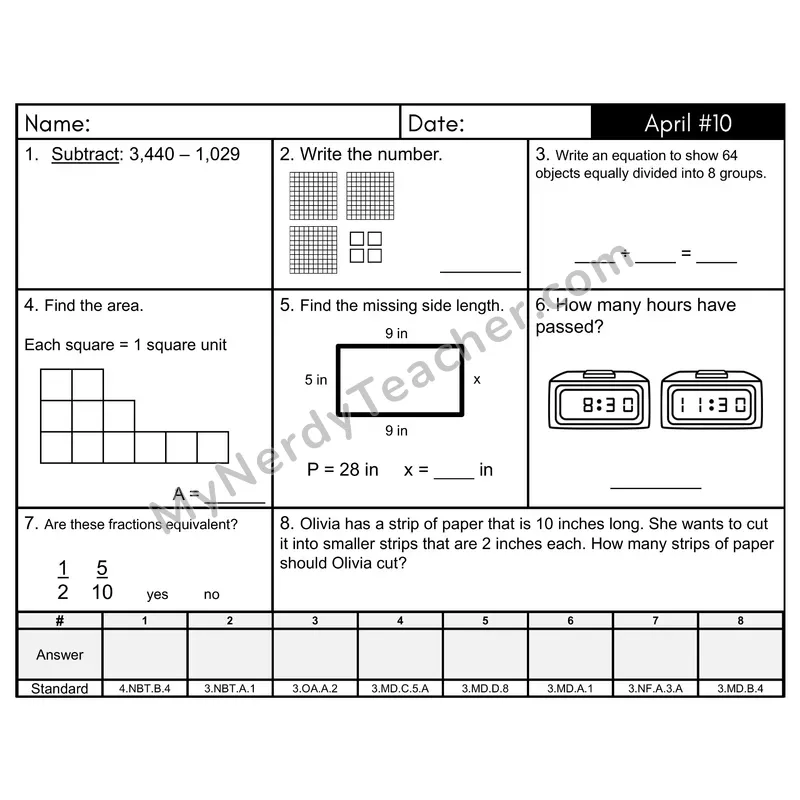 3rd Grade Spiral Math Review Morning Work — April Day 10: Addition & Subtraction, Rounding
