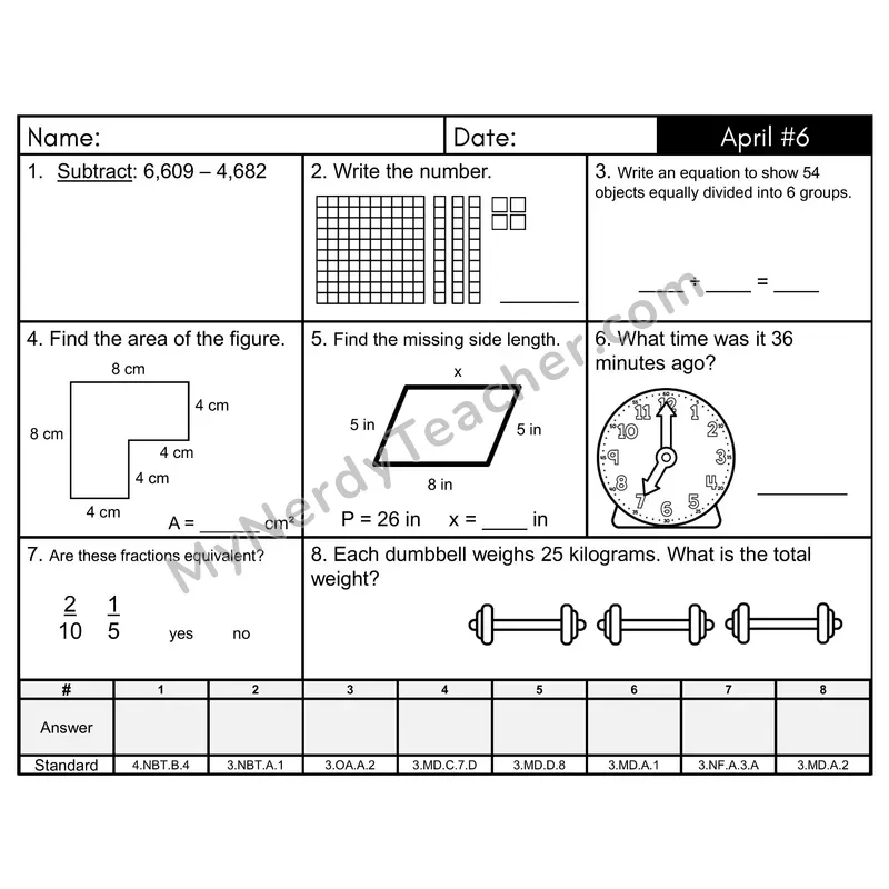 3rd Grade Spiral Math Review Morning Work — April Day 6: Addition & Subtraction, Rounding