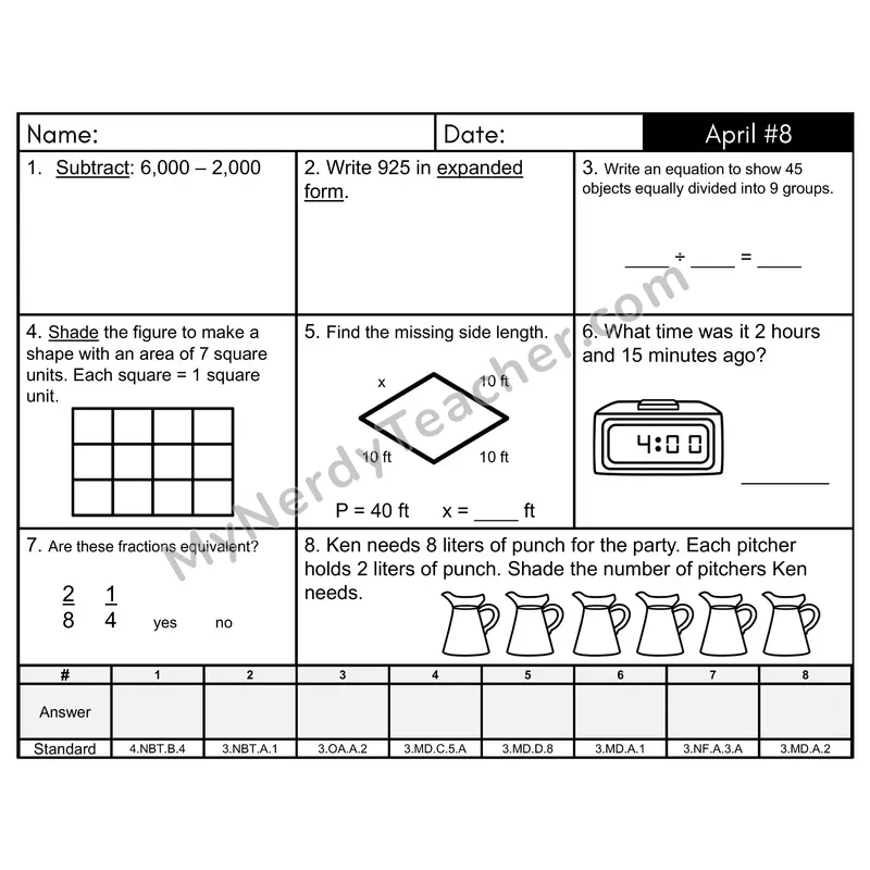 3rd Grade Spiral Math Review Morning Work — April Day 8: Addition & Subtraction, Rounding