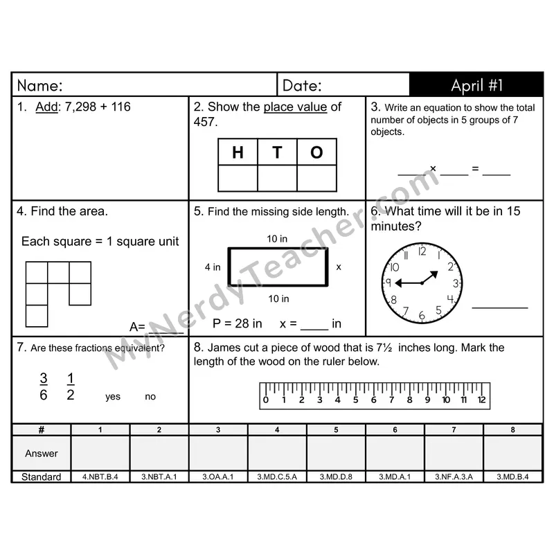 3rd Grade Spiral Math Review Morning Work — April Day 1: Addition & Subtraction, Rounding