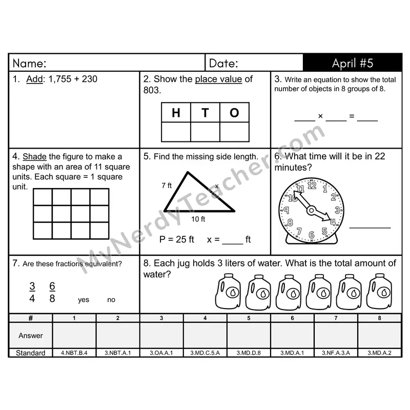 3rd Grade Spiral Math Review Morning Work — April Day 5: Addition & Subtraction, Rounding