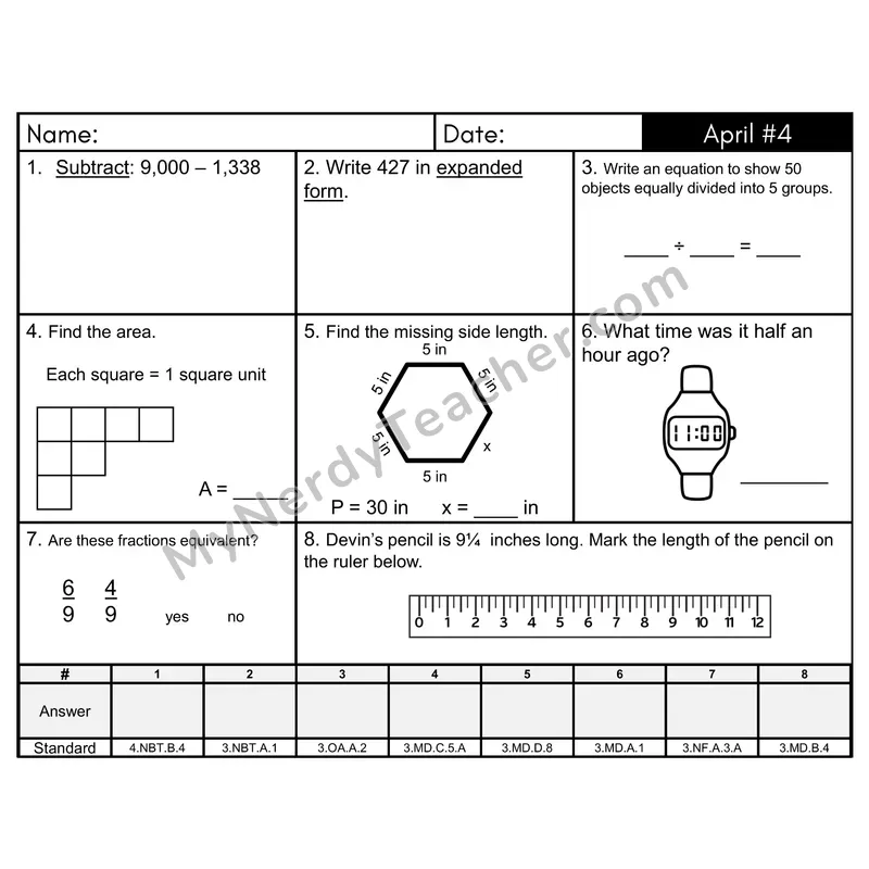 3rd Grade Spiral Math Review Morning Work — April Day 4: Addition & Subtraction, Rounding