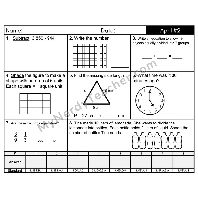 3rd Grade Spiral Math Review Morning Work — April Day 2: Addition & Subtraction, Rounding