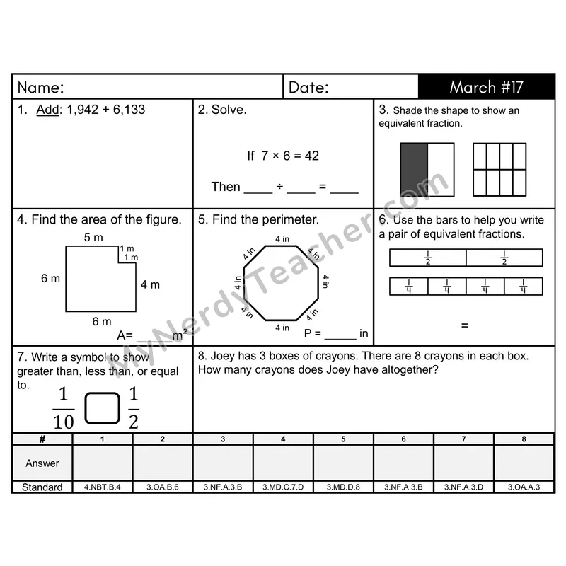 3rd Grade Spiral Math Review Morning Work — March Day 17: Fractions, Addition & Subtraction