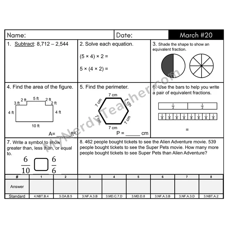 3rd Grade Spiral Math Review Morning Work — March Day 20: Addition & Subtraction, Fractions