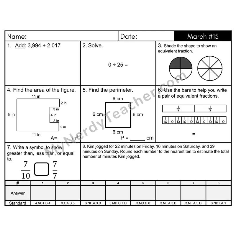 3rd Grade Spiral Math Review Morning Work — March Day 15: Fractions, Addition & Subtraction