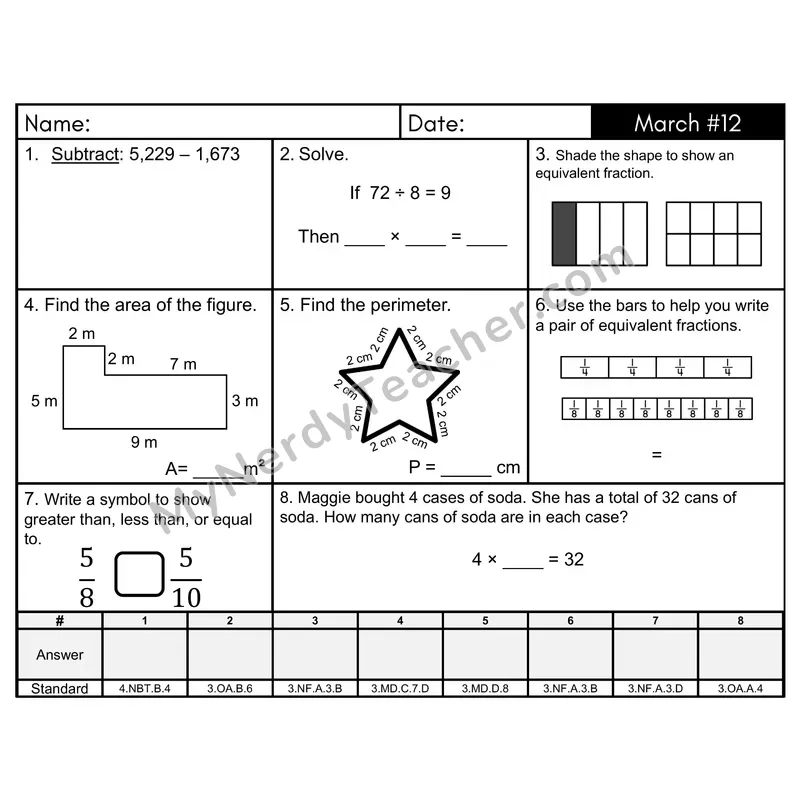 3rd Grade Spiral Math Review Morning Work — March Day 12: Fractions, Addition & Subtraction