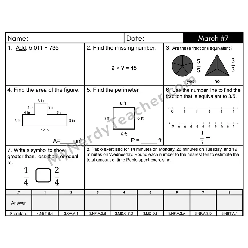 3rd Grade Spiral Math Review Morning Work — March Day 7: Fractions, Addition & Subtraction