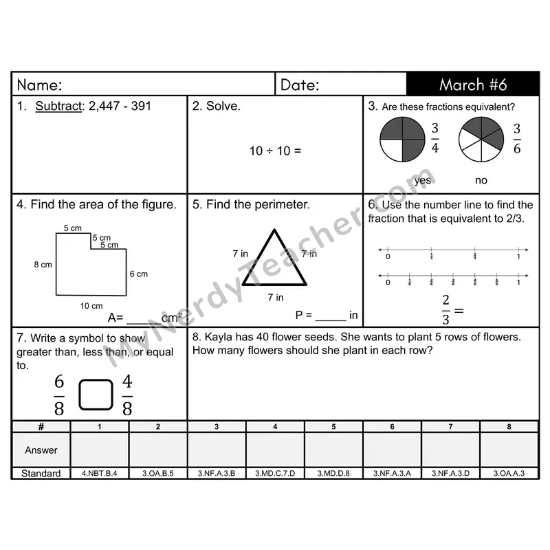 3rd Grade Spiral Math Review Morning Work — March Day 6: Fractions, Addition & Subtraction