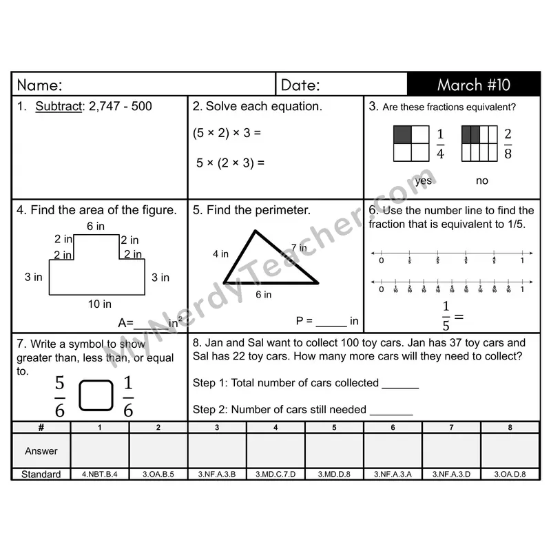 3rd Grade Spiral Math Review Morning Work — March Day 10: Fractions, Addition & Subtraction