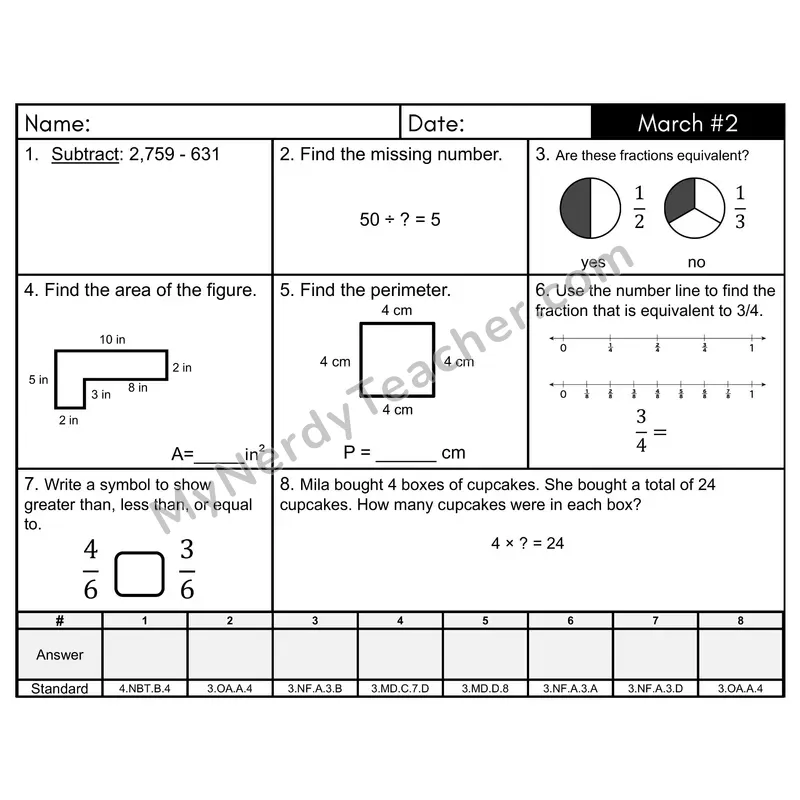 3rd Grade Spiral Math Review Morning Work — March Day 2: Fractions, Addition & Subtraction