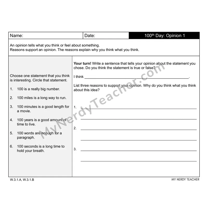 100th Day of School Writing Prompts — Opinion, Narrative & Informational