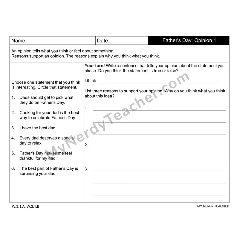 Father's Day Writing Prompts — Opinion, Narrative & Informational