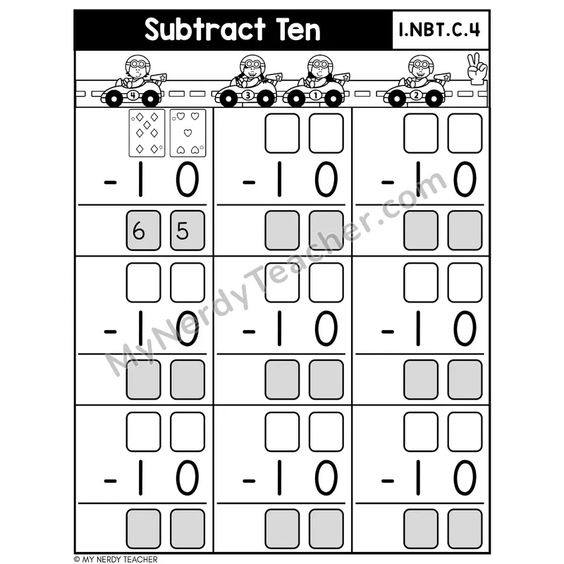 Subtracting Ten from Two-Digit Numbers Card Game