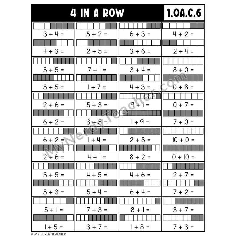 Addition Within 10 Commutative Property Game — 4 In A Row