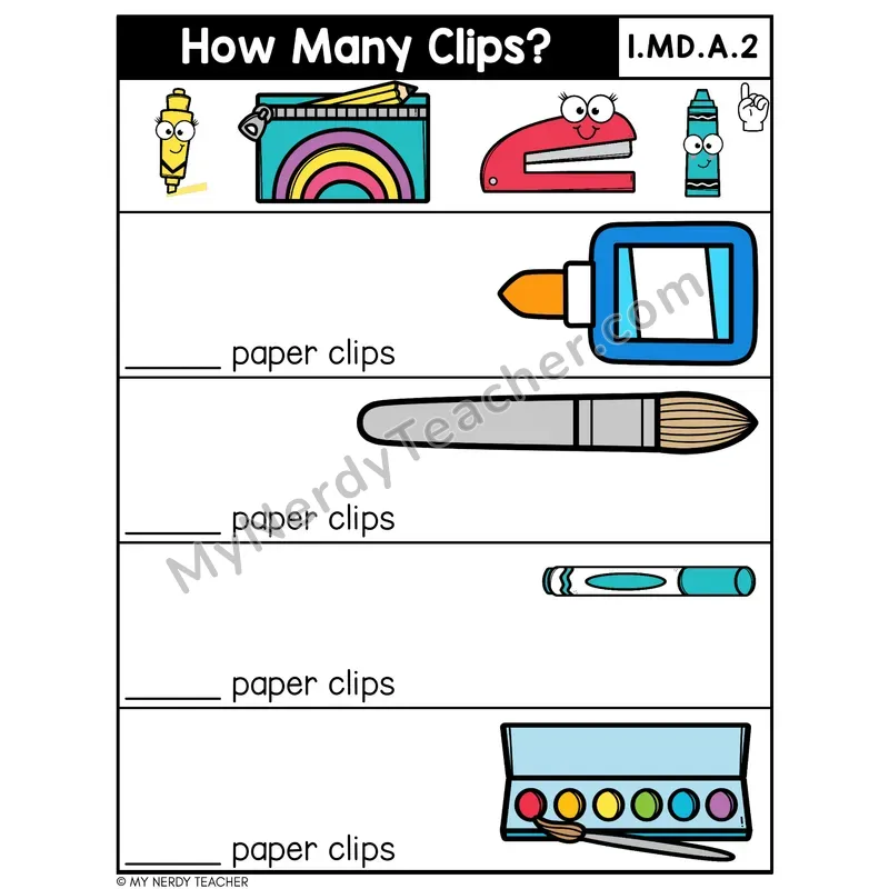 Measuring Length with Paper Clips — School Supplies Worksheet