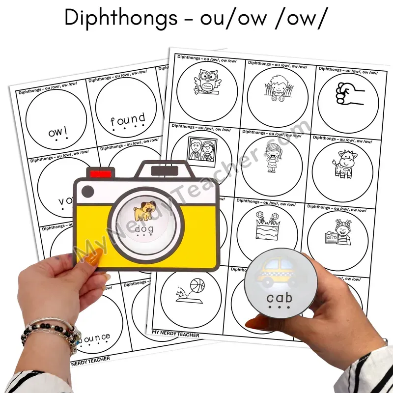 Diphthongs ou, ow (ow Sound) Flashlight Phonics Task Cards — BW