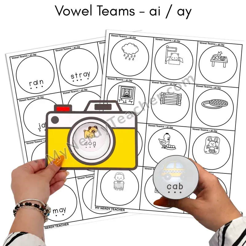Long A Vowel Teams ai, ay Flashlight Phonics Task Cards — BW