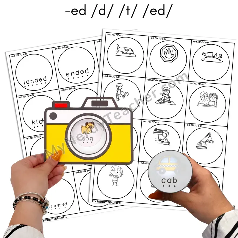 Inflectional Ending -ed (d, t, ed Sounds) Flashlight Phonics Task Cards — BW