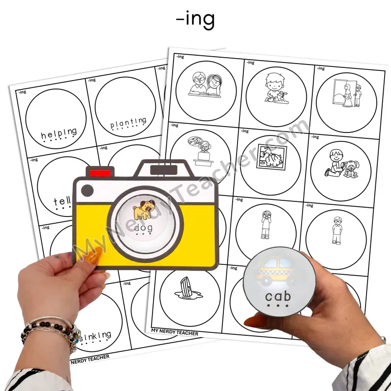 Inflectional Ending -ing Flashlight Phonics Task Cards — BW