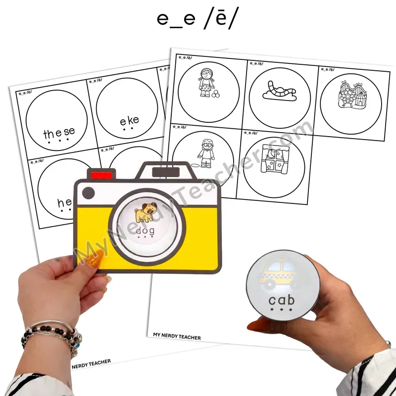Long E e_e (Silent E) Flashlight Phonics Task Cards — BW