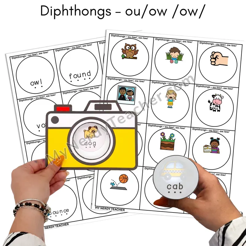 Diphthongs ou, ow (ow Sound) Flashlight Phonics Task Cards — Color