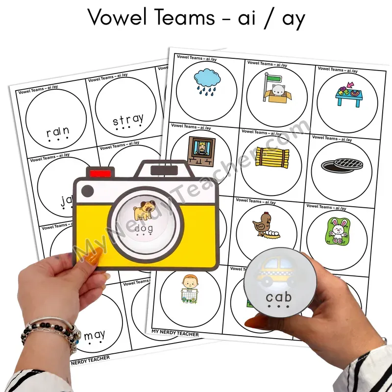 Long A Vowel Teams ai, ay Flashlight Phonics Task Cards — Color