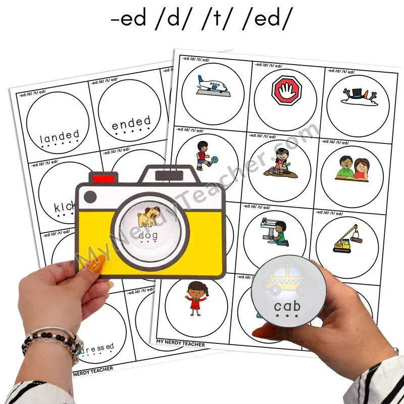 Inflectional Ending -ed (d, t, ed Sounds) Flashlight Phonics Task Cards — Color