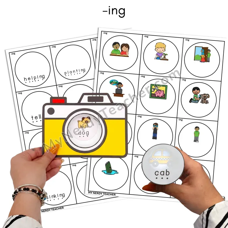 Inflectional Ending -ing Flashlight Phonics Task Cards — Color