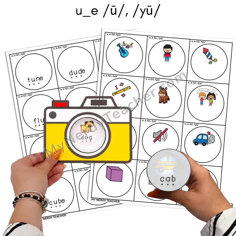 Long U u_e (Silent E) Flashlight Phonics Task Cards — Color
